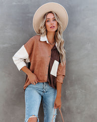 Blithe Faux Suede Colorblock Button Down Top