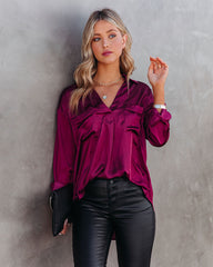 Braya Satin Collared Blouse - Burgundy