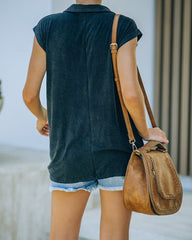 Breezy Pocketed Button Down Knit Top - Black