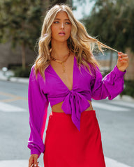 Brenda Satin Tie Front Crop Blouse - Magenta