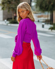 Brenda Satin Tie Front Crop Blouse - Magenta