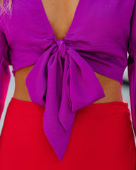 Brenda Satin Tie Front Crop Blouse - Magenta