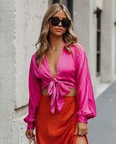 Brenda Satin Tie Front Crop Blouse - Pink