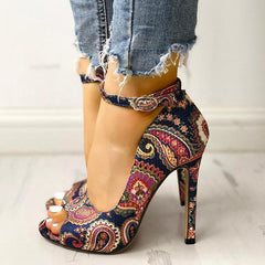 Ethnic Print Peep Toe Ankle Strap Thin Heeled Sandals