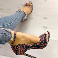 Ethnic Print Ankle Strap High Heels