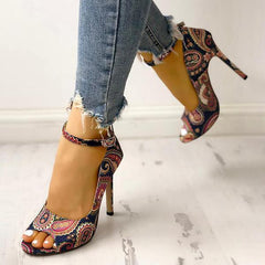 Ethnic Print Ankle Strap High Heels