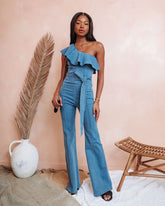 Cameran Cotton One Shoulder Flare Jumpsuit - Denim