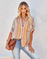 Camille Striped Woven Button Down Top - Yellow Multi