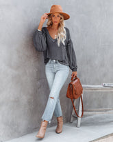 Capitol Reef V-Neck Knit Pocket Top - Charcoal