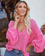 Capitol Reef V-Neck Knit Pocket Top - Hot Pink