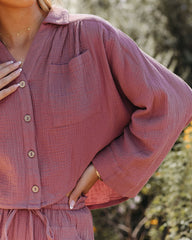 Celia Cotton Crop Button Down Top - Red Bean