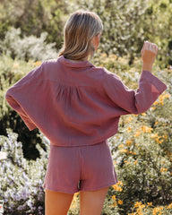 Celia Cotton Crop Button Down Top - Red Bean