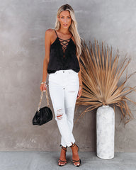 Cherish Love Satin Lace Up Cami Tank - Black