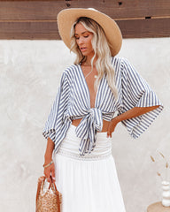 Chi Cotton Blend Striped Tie Top - Ink