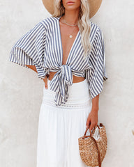 Chi Cotton Blend Striped Tie Top - Ink