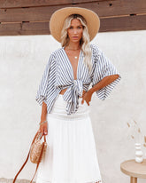 Chi Cotton Blend Striped Tie Top - Ink