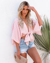 Chi Cotton Blend Striped Tie Top - Pink