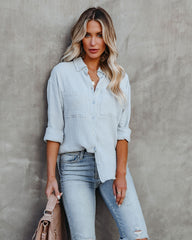 Cobie Cotton Frayed Button Down Top - Light Blue