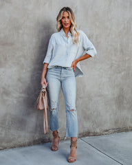 Cobie Cotton Frayed Button Down Top - Light Blue