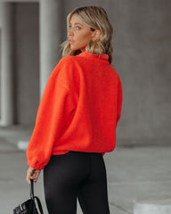 Comfy Cute Pocketed Sherpa Pullover - Flame