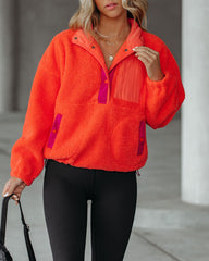 Comfy Cute Pocketed Sherpa Pullover - Flame