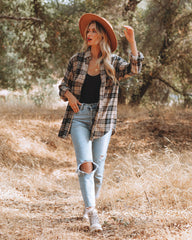 Crescent Moon Cotton Blend Plaid Button Down Top