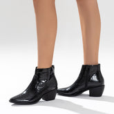 Black Western Ankle Boots Side Zipper Chunky Block Heel Booties