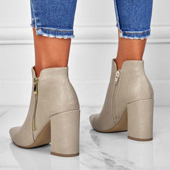 Chunky Heel Booties Pointed Toe Side Zip Ankle Boots