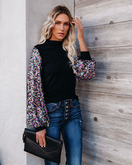 Disco Fever Sequin Sleeve Mock Neck Knit Top