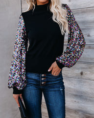 Disco Fever Sequin Sleeve Mock Neck Knit Top