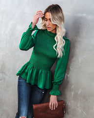 Down To Business Smocked Blouse - Emerald