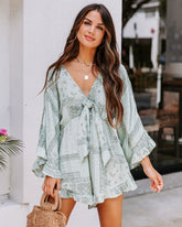 Brinny Pocketed Tie Front Printed Romper - Sage