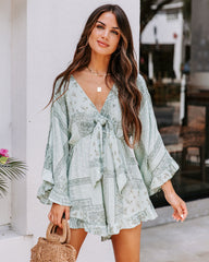 Brinny Pocketed Tie Front Printed Romper - Sage