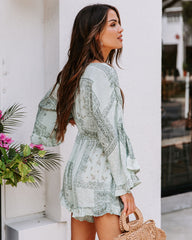 Brinny Pocketed Tie Front Printed Romper - Sage