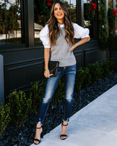 Eastern Time Contrast Puff Sleeve Sweater Top