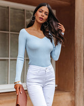 Emily Long Sleeve Ribbed Knit Top - Baby Blue