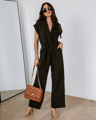 Fabiola Pocketed Tie Waist Wide Leg Jumpsuit - Dark Olive