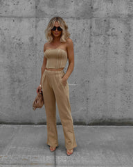 Darcey Cotton Pocketed Drawstring Pants - Tan