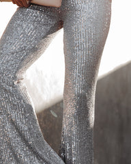 Festive Flair Sequin High Rise Flare Pants - Silver