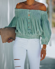 Fig Cotton Smocked Off The Shoulder Top - Sage