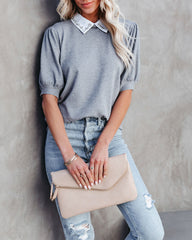 Fiona Puff Sleeve Embellished Collar Top - Heather Grey