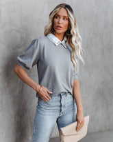 Fiona Puff Sleeve Embellished Collar Top - Heather Grey