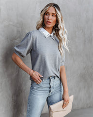 Fiona Puff Sleeve Embellished Collar Top - Heather Grey