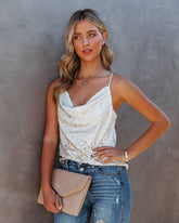 Flashing Lights Sequin Cowl Neck Crop Top - Pearl