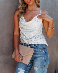 Flashing Lights Sequin Cowl Neck Crop Top - Pearl