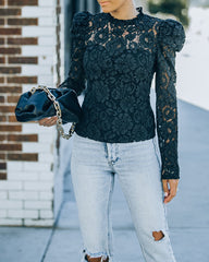 Fulfilled Heart Statement Sleeve Lace Blouse - Black