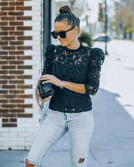 Fulfilled Heart Statement Sleeve Lace Blouse - Black