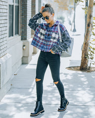 Giorgio Cotton Blend Crop Plaid Button Down Top