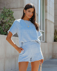 Gracie Frayed Short Sleeve Tweed Blouse - Blue