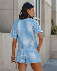 Gracie Frayed Short Sleeve Tweed Blouse - Blue